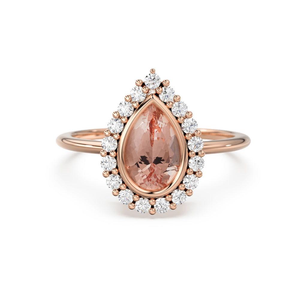 Pear Morganite Diamond Ring Set 10k 14k Gold, Morganite Engagement Ring with Curved Diamond Band, Wedding Ring Set