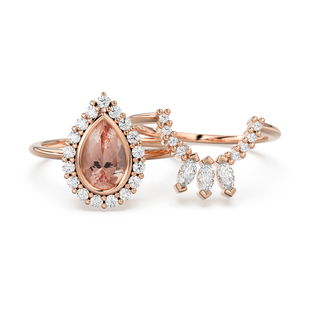 Pear Morganite Diamond Ring Set 10k 14k Gold, Morganite Engagement Ring with Curved Diamond Band, Wedding Ring Set