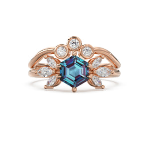 Alexandrite Engagement Ring Set, Hexagon Alexandrite Side Lab Diamonds , Unique Ring Set