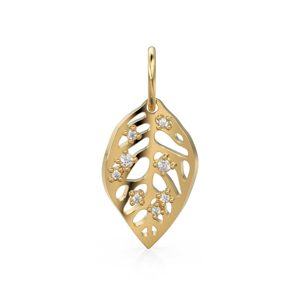 Dainty Gold Monstera Leaf Charms Pendant, 21mm Long Leaf Charm, Diamond Gold Charms, Textured Gold Necklace Charm, Gold Charms for Bracelet 18K Solid