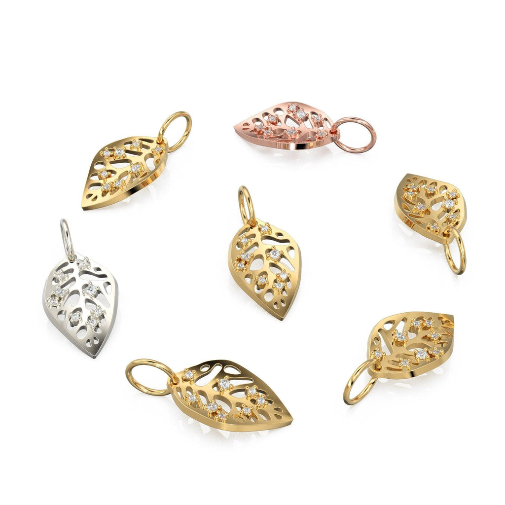 Dainty Gold Monstera Leaf Charms Pendant, 21mm Long Leaf charm, Diamond Gold Charms, Textured Gold Necklace Charm, Gold Charms for Bracelet - Jalvi & Co.