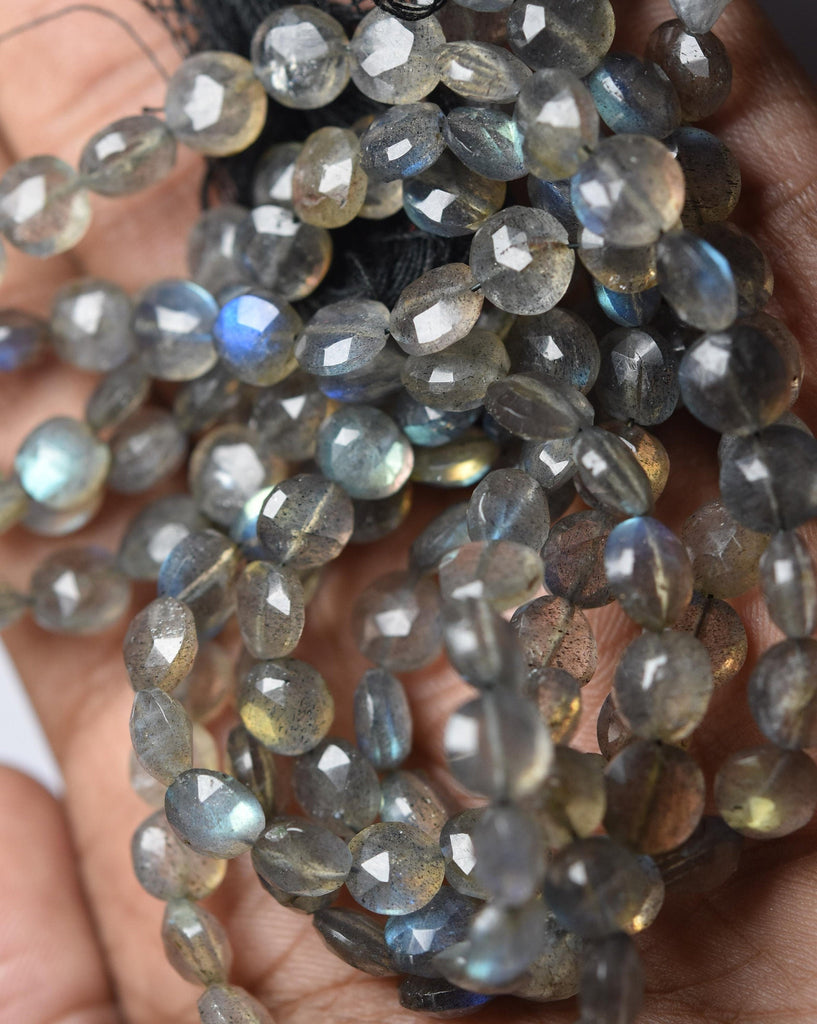 14 Inches Strand, Labradorite Blue Flashy, Green Blue And Golden Flashy Straight Drilled Faceted Coin, Size 5.5 mm, 66 Beads