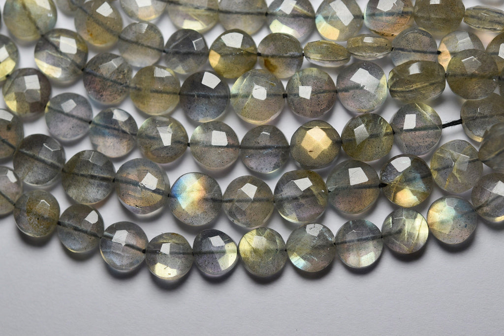 14 Inches Strand, Labradorite Golden Flashy, Straight Drilled Faceted Coin, Size 7mm To 8mm