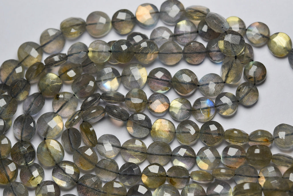 14 Inches Strand, Labradorite Golden Flashy, Straight Drilled Faceted Coin, Size 7mm To 8mm