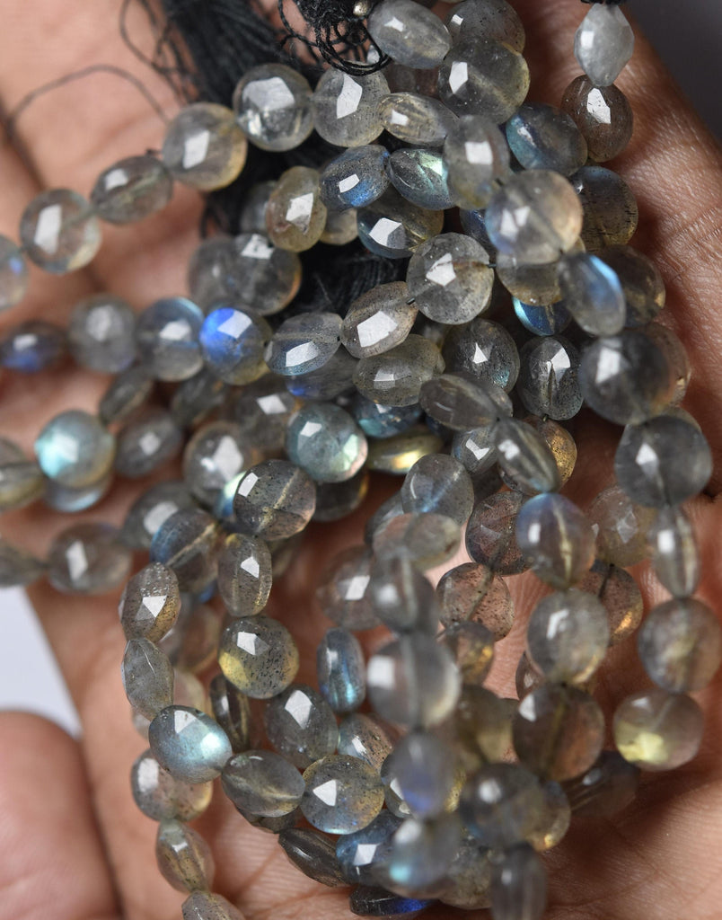 14 Inches Strand, Labradorite Blue Flashy, Green Blue And Golden Flashy Straight Drilled Faceted Coin, Size 5.5 mm, 66 Beads