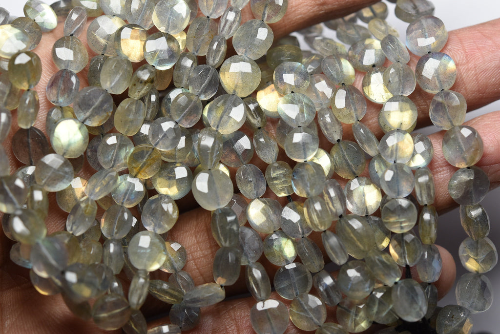 14 Inches Strand, Labradorite Golden Flashy, Straight Drilled Faceted Coin, Size 7mm To 8mm