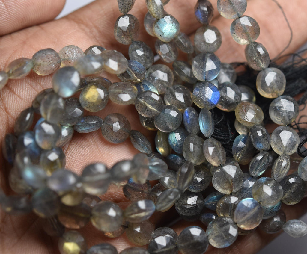 14 Inches Strand, Labradorite Blue Flashy, Green Blue And Golden Flashy Straight Drilled Faceted Coin, Size 6mm to 6.5mm, 56 Beads