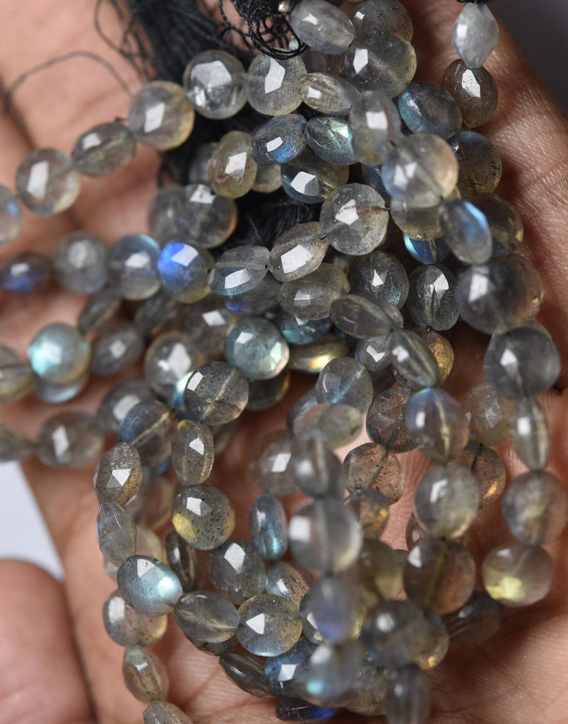 14 Inches Strand, Labradorite Blue Flashy, Green Blue And Golden Flashy Straight Drilled Faceted Coin, Size 6mm to 6.5mm, 56 Beads