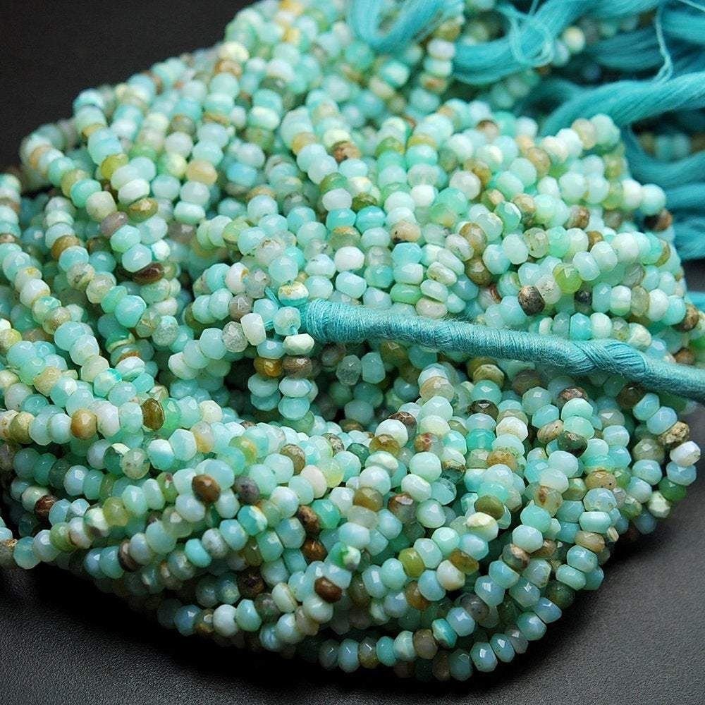 3 Strands Natural Peruvian Blue Opal Faceted Rondelle Loose Gemstone Beads Strand 13" 4.5mm St Patricks Day
