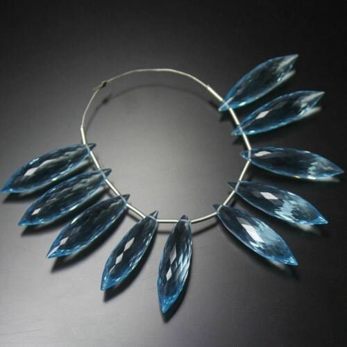 Blue Aquamarine Quartz Faceted Puff Marquise Briolette Beads 12pcs 30x6mm