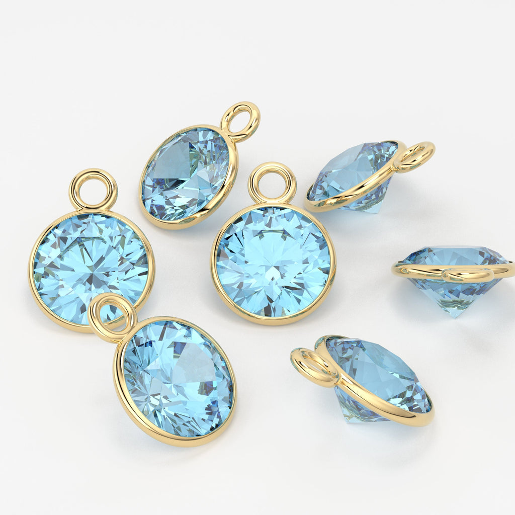 2pc 14k Solid Yellow Gold 4,5,6mm Sky Blue Topaz Charm Pendant