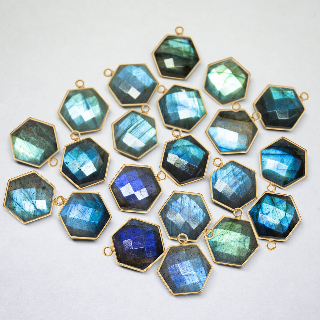 1pc, 18k Solid Gold top quality blue Labradorite Faceted Hexagon Briolette Bezel Charm Pendant, 16mm