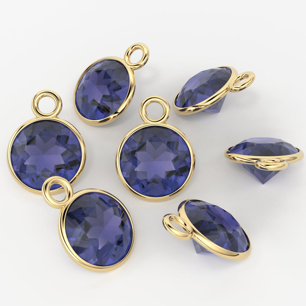 14k Solid Yellow Gold 4,5,6mm Natural Blue Iolite Charm Pendant