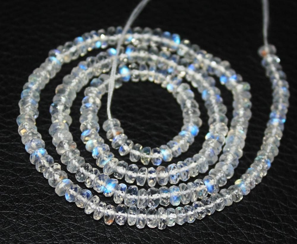 2 Strands 13 Inches Strand, Blue Fire Natural Rainbow Moonstone Faceted Rondelles, Size. 4-4.5mm