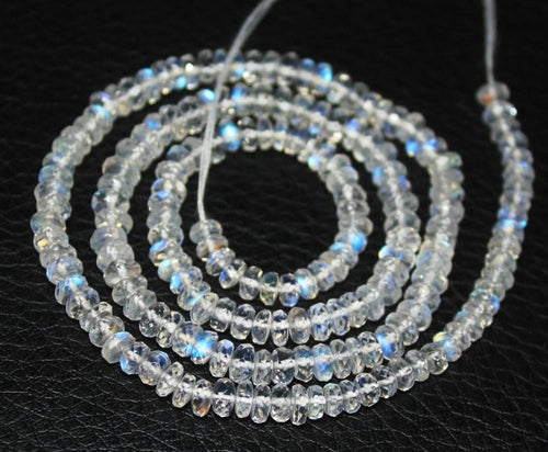 2 Strands 13 Inches Strand, Blue Fire Natural Rainbow Moonstone Faceted Rondelles, Size. 4-4.5mm