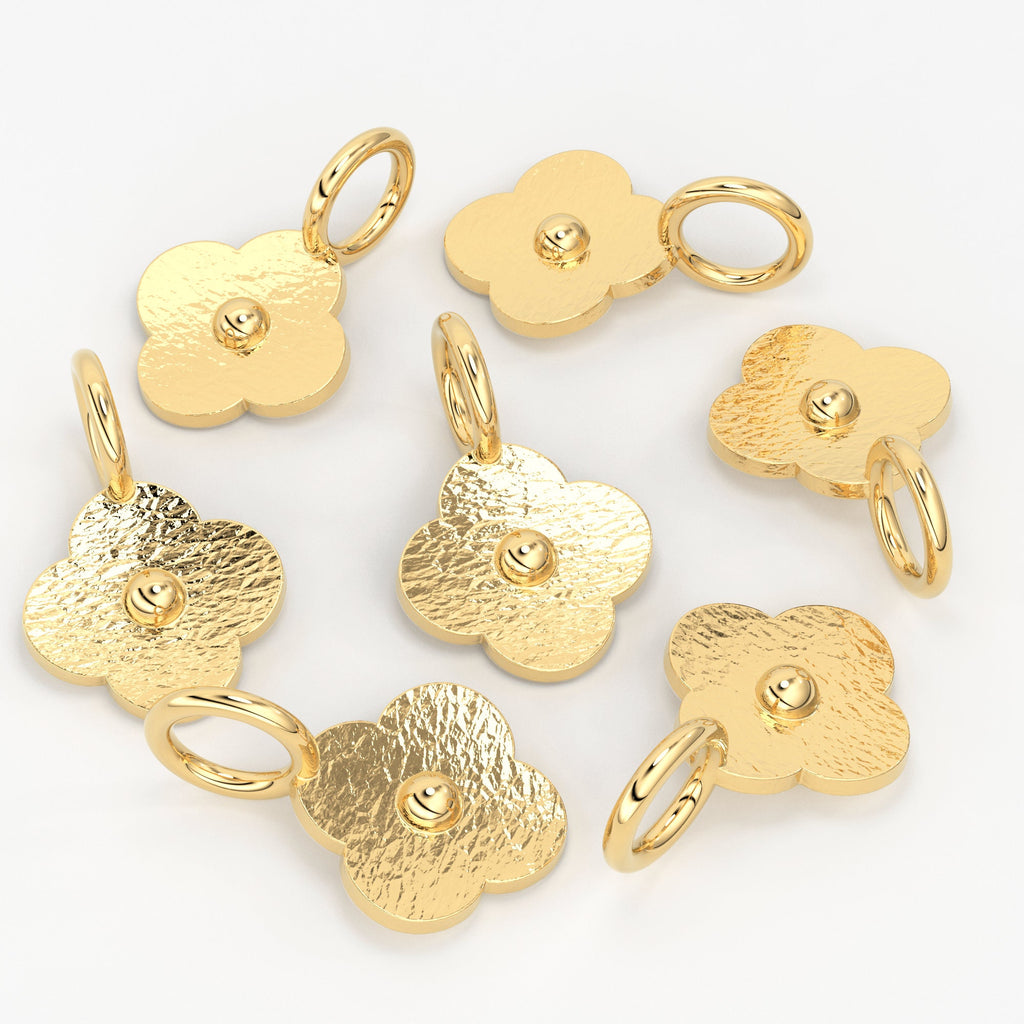 18k Solid Yellow Gold Fancy Textured Flower Charms Pendant Findings (5 pieces) St Patricks Day