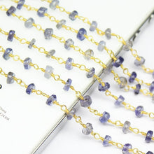 Load image into Gallery viewer, 1 feet 14k 18k Solid Gold Iolite Water Sapphire Faceted Beads Wire Link Chain 4mm