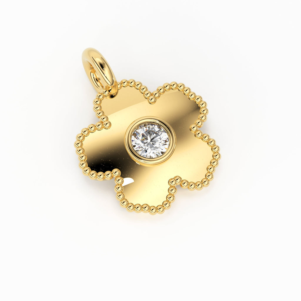 Clove Leaf Milgrain Charm / 14k 18k Solid Gold Charm / Diamond Charm Supply / Solitaire Diamond Charm / Sale