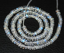 Load image into Gallery viewer, Two 13-inch strands of blue fire natural rainbow moonstone faceted rondelle beads, sized 4-4.5mm. These gemstones showcase a vibrant blue shimmer, ideal for adding a mystical touch to custom necklaces or bracelets in handmade jewelry designs