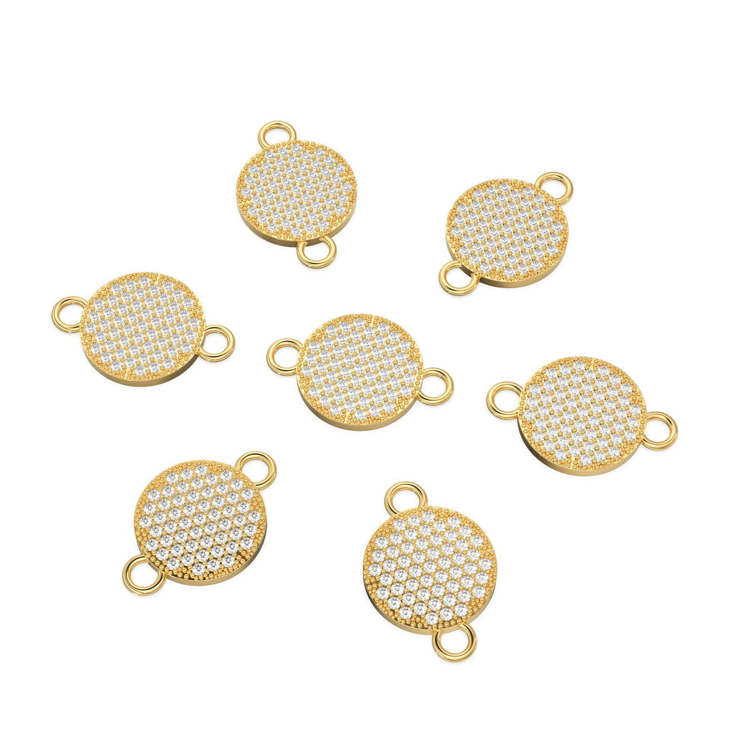 Pave Setting Brilliant Diamond Flat Round 14k 18k Solid Gold Connector Spacer, 1 Piece 22mm
