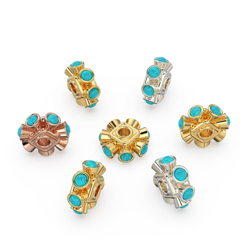 Sleeping Beauty Turquoise 14k Solid Gold Designer Bead Spacer Finding, Turquoise Spacer, Gold Finding, Solid Gold Bead, 9mm