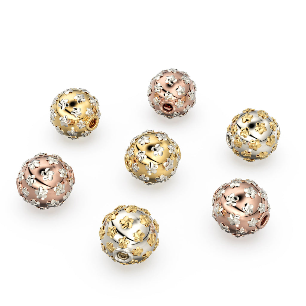 Gold Spacer Bead Two-Tone Solid Gold Flower Charm Luxury Filigree Artisan Jewelry Component for Bracelets