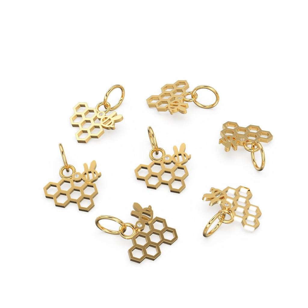 Honeycomb and Bee Solid Gold Diamond 14k 18k Solid Charm Pendant / Gold Charm / Diamond Prong Setting