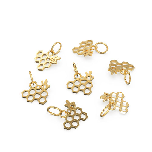 Honeycomb and Bee Solid Gold Diamond 14k 18k Solid Charm Pendant / Gold Charm / Diamond Prong Setting