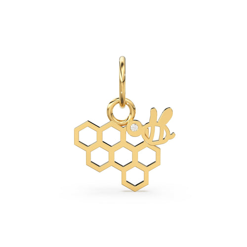 Honeycomb and Bee Solid Gold Diamond 14k 18k Solid Charm Pendant / Gold Charm / Diamond Prong Setting