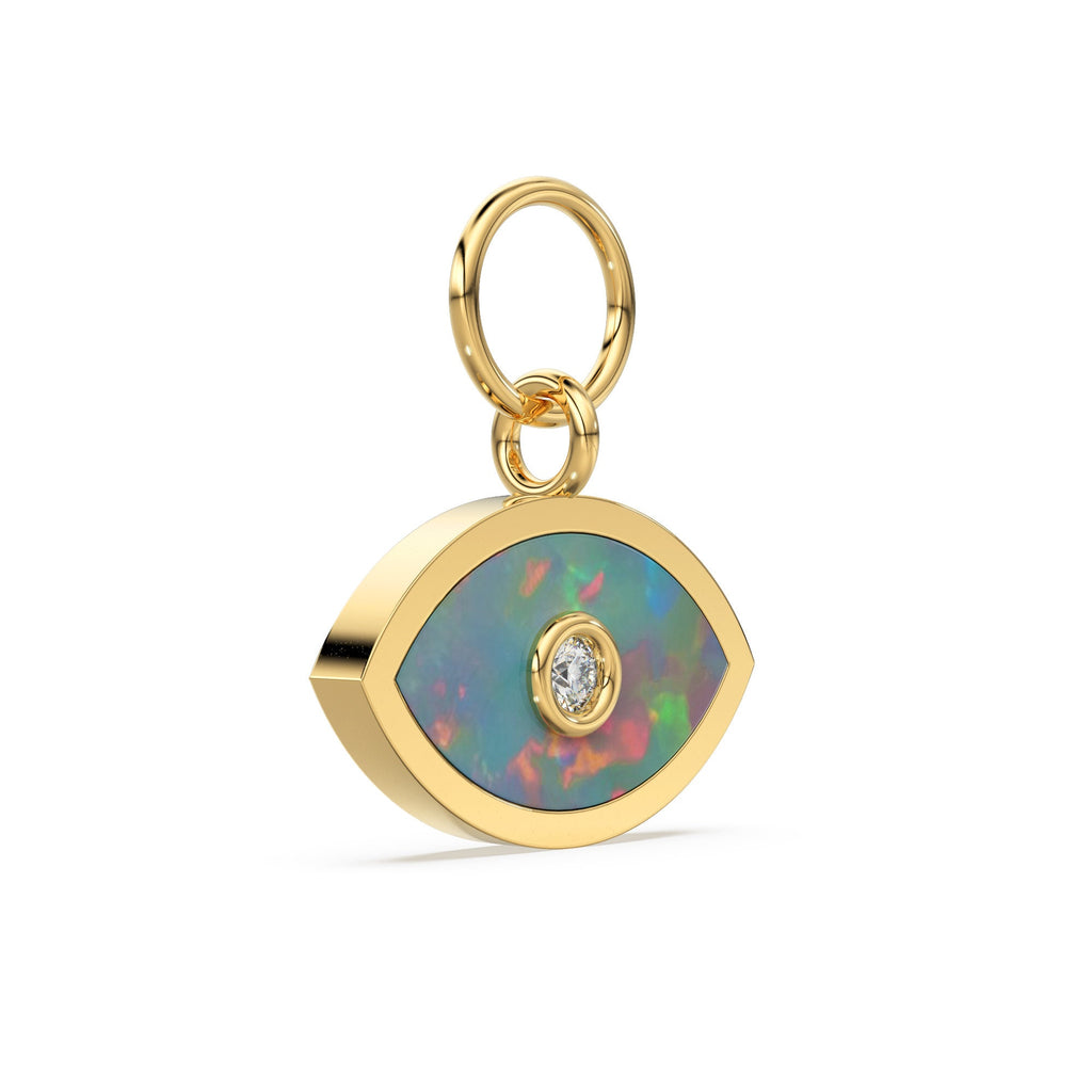 Ethiopian Opal and Diamond 14k 18k Solid Gold Charm Pendant, Diamond Bead, Enamel Charm Finding, Solid Gold Charm 15mm