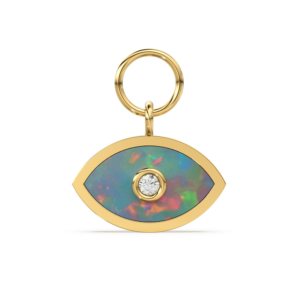 Ethiopian Opal and Diamond 14k 18k Solid Gold Charm Pendant, Diamond Bead, Enamel Charm Finding, Solid Gold Charm 15mm