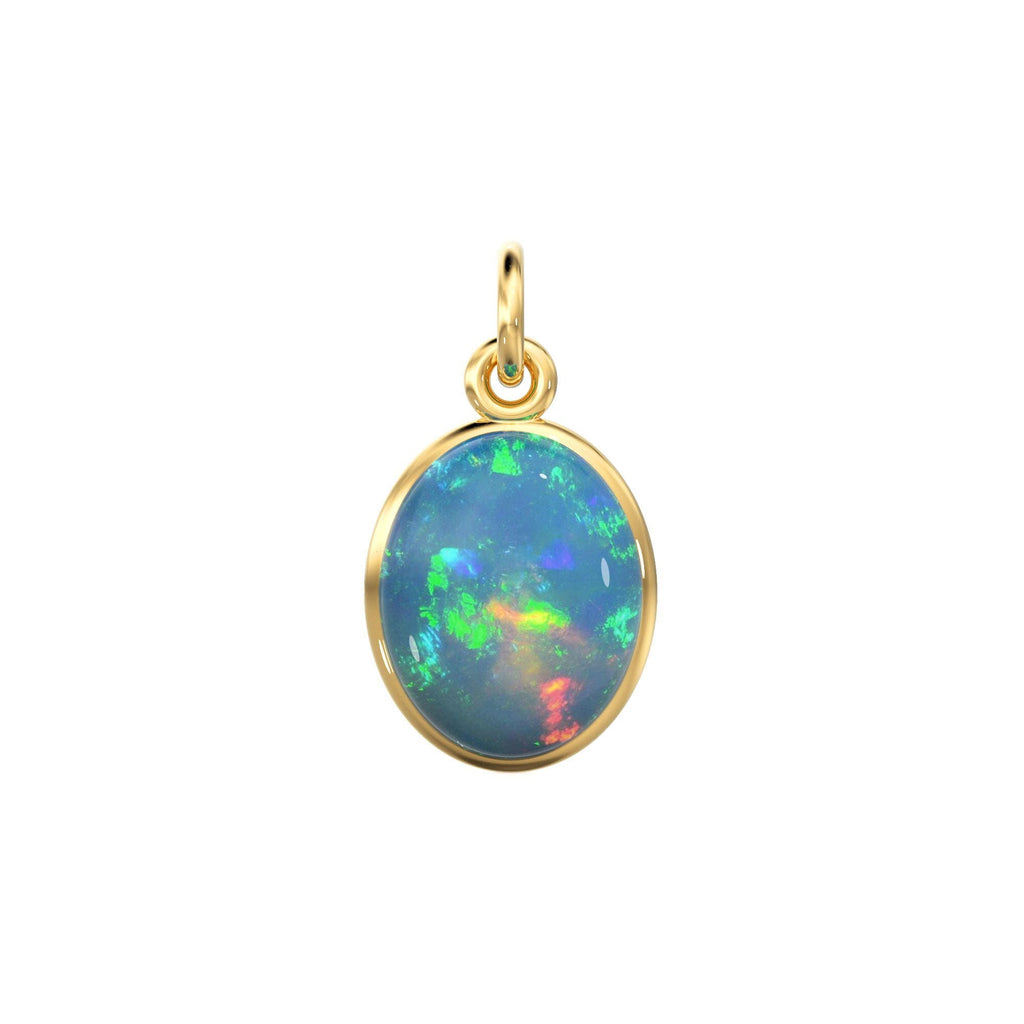 Ethiopian Opal Smooth Oval Cabochon 14k 18k Solid Gold Charm Pendant, 1 Piece 14mm