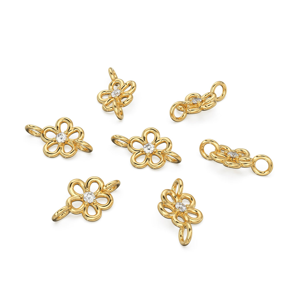 Flower Daisies Brilliant Diamond 14k 18k Solid Gold Connector Spacer, 1 Piece 13mm - Jalvi & Co. 