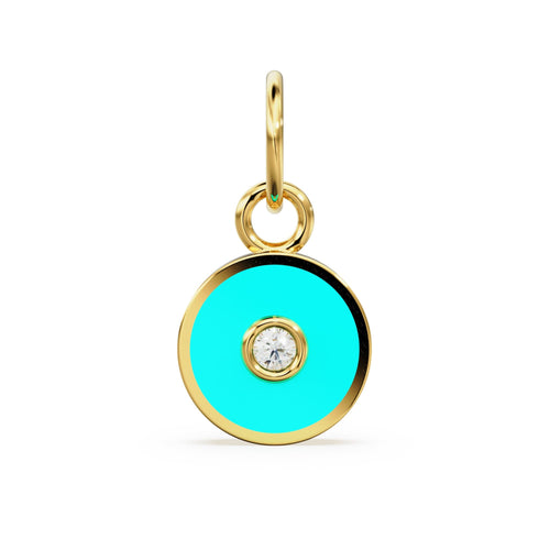 Turquoise Enamel Disc Diamond Solid Gold Charm / Enamel Gold Charm / Circle Diamond Charm / Real Diamond Jewelry / Diamond Gold NecklaceSALE - Jalvi & Co. 