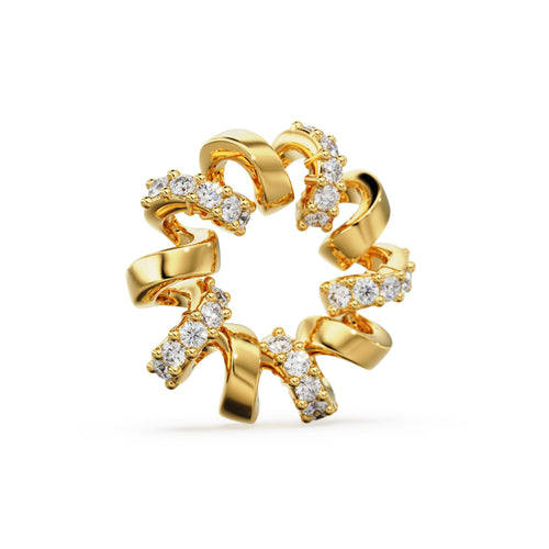 Diamond Wreath Gold Connector / Wavy Solid Gold Spacer / Handmade Decoration Finding / Genuine Diamond Round Charm Spacer Beads - Jalvi & Co. 