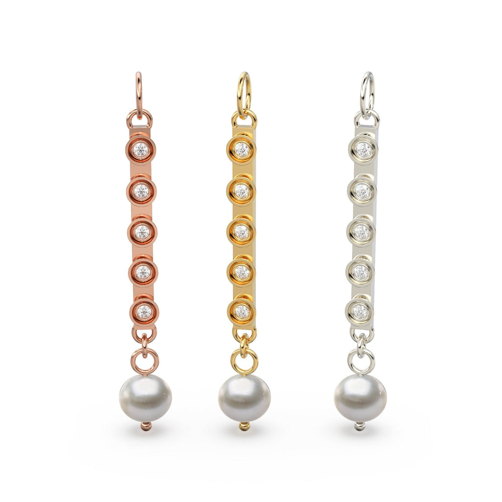 Dangling Pearl and Bezel Set Diamond 14k 18k Solid Gold Earrings Finding / Diamond Finding / Pearl Diamond Earrings