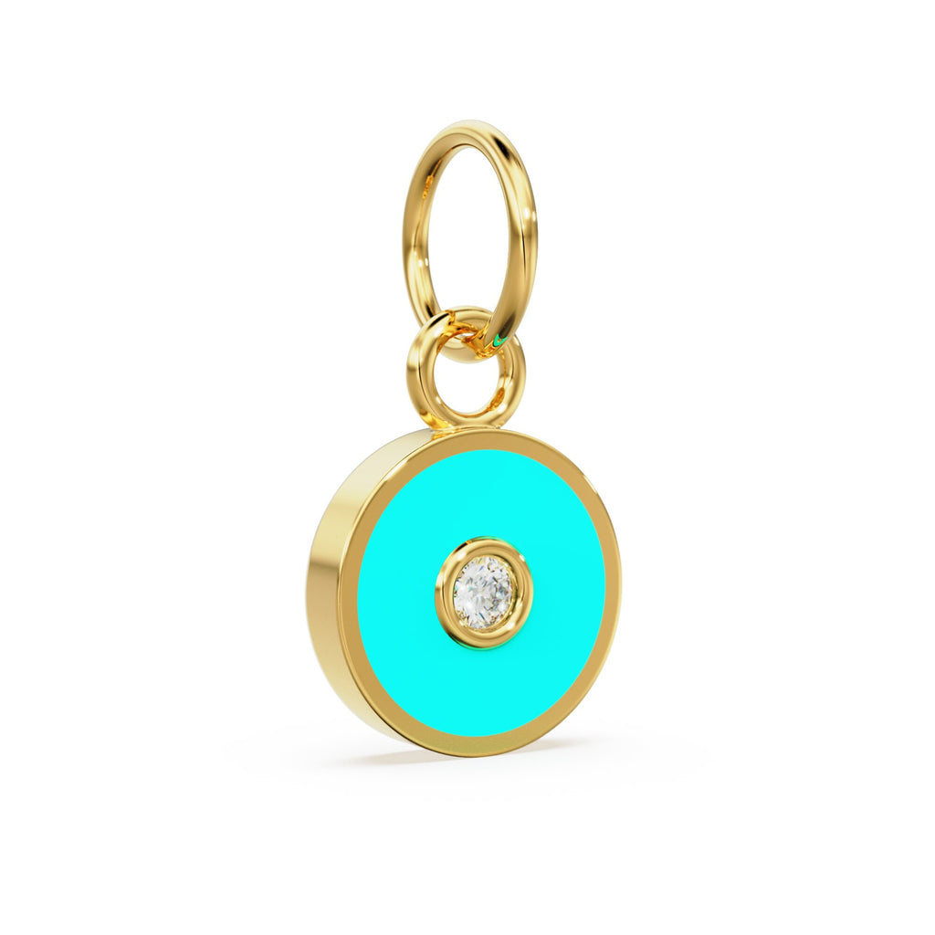 Turquoise Enamel Disc Diamond Solid Gold Charm / Enamel Gold Charm / Circle Diamond Charm / Real Diamond Jewelry / Diamond Gold NecklaceSALE