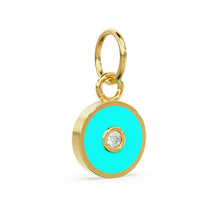 Load image into Gallery viewer, Turquoise Enamel Disc Diamond Solid Gold Charm / Enamel Gold Charm / Circle Diamond Charm / Real Diamond Jewelry / Diamond Gold NecklaceSALE