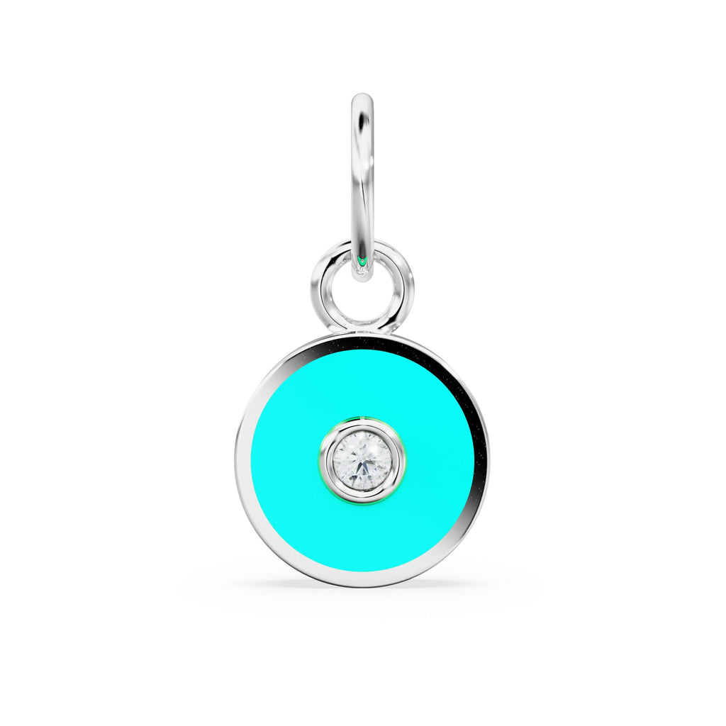 Turquoise Enamel Disc Diamond Solid Gold Charm / Enamel Gold Charm / Circle Diamond Charm / Real Diamond Jewelry / Diamond Gold NecklaceSALE