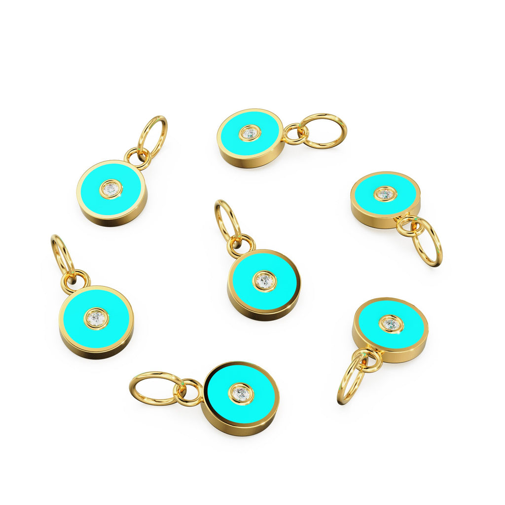 Turquoise Enamel Disc Diamond Solid Gold Charm / Enamel Gold Charm / Circle Diamond Charm / Real Diamond Jewelry / Diamond Gold NecklaceSALE