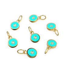 Load image into Gallery viewer, Turquoise Enamel Disc Diamond Solid Gold Charm / Enamel Gold Charm / Circle Diamond Charm / Real Diamond Jewelry / Diamond Gold NecklaceSALE