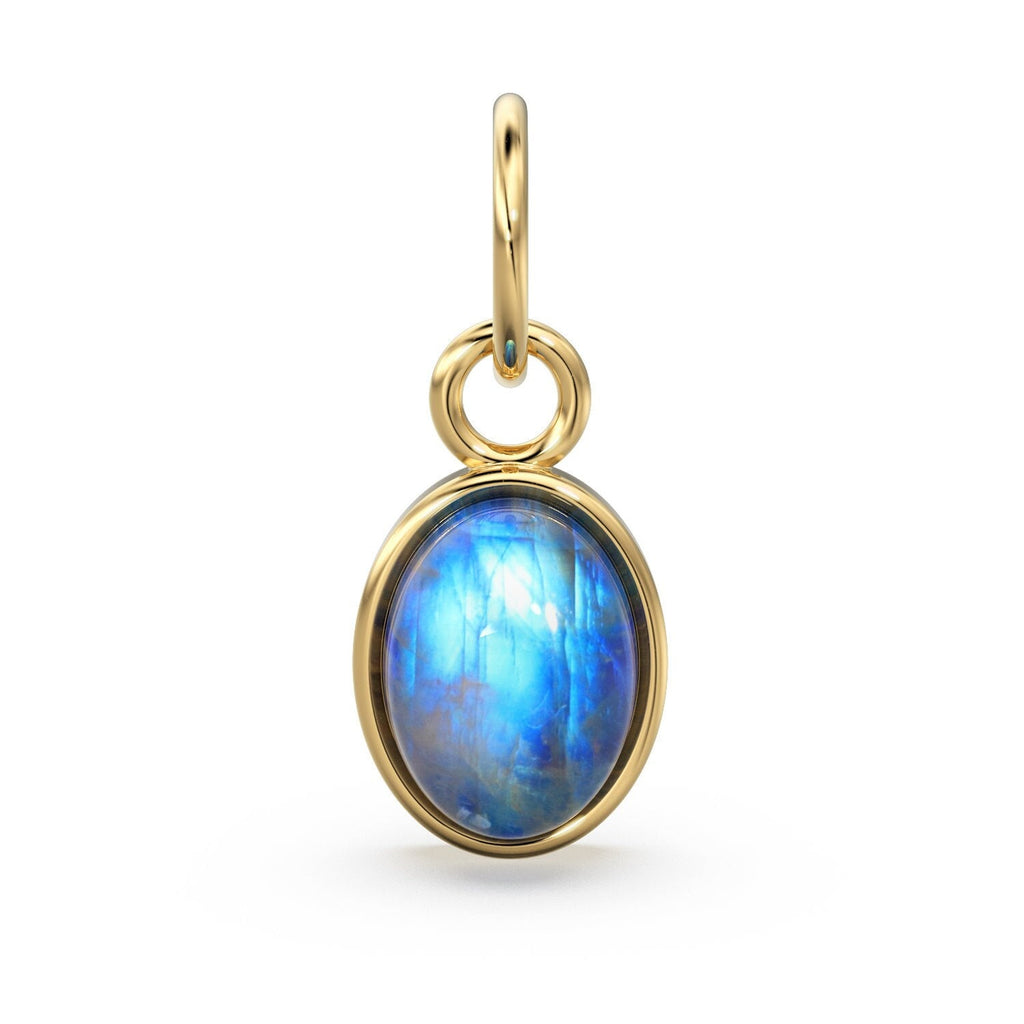 Blue Moonstone Cabochon Solid Gold Charm / Natural Fire Gemstone Handmade Gold Pendant / 1pc 14k Solid Yellow Gold Jewelry Making Finding