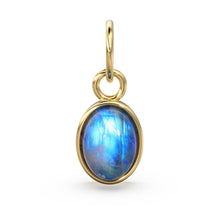 Load image into Gallery viewer, Blue Moonstone Cabochon Solid Gold Charm / Natural Fire Gemstone Handmade Gold Pendant / 1pc 14k Solid Yellow Gold Jewelry Making Finding