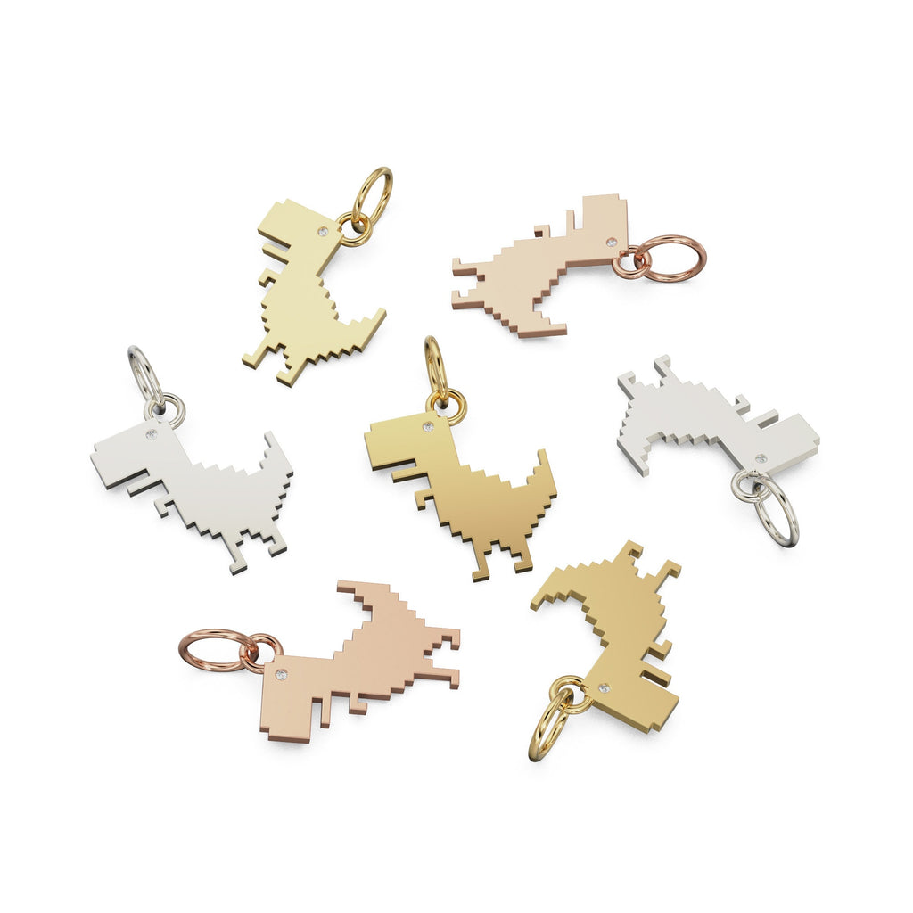 2D Pixelated Dinosaur Diamond Solid Gold Charm / T Rex 18k Handmade Pendant / 14k Gold Tyrannosaurus Pendant / Jurassic Gold Charm