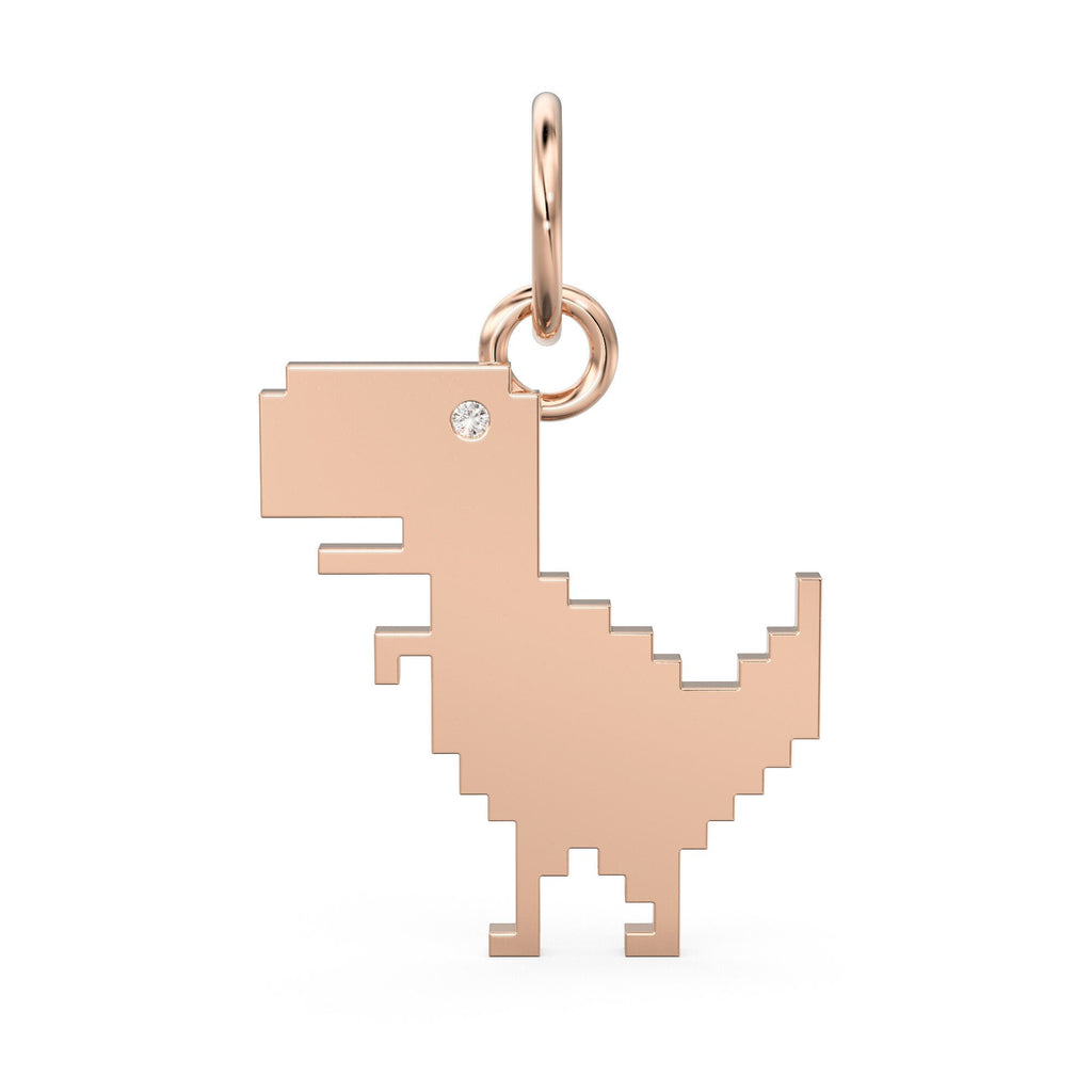 2D Pixelated Dinosaur Diamond Solid Gold Charm / T Rex 18k Handmade Pendant / 14k Gold Tyrannosaurus Pendant / Jurassic Gold Charm