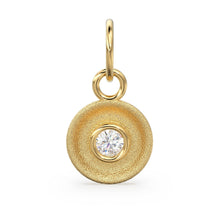 Load image into Gallery viewer, 3mm Diamond Gold Round Textured Disc Charm / 14k Solid Gold Brilliant Round Diamond Pendant / 18k Gold Handmade Circle Pendant Jewelry Her