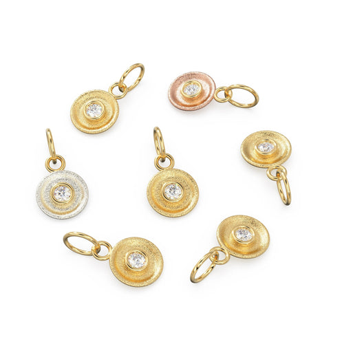 3mm Diamond Gold Round Textured Disc Charm / 14k Solid Gold Brilliant Round Diamond Pendant / 18k Gold Handmade Circle Pendant Jewelry Her - Jalvi & Co. 