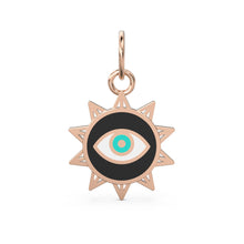 Load image into Gallery viewer, Sun Evil Eye Enamel Solid Gold Charm / Solid Gold 14k Pendant / Protection Handmade Pendant / Enamel Finding / Eye Jewelry