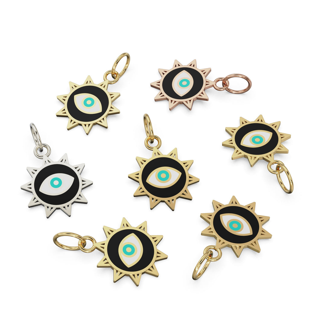 Sun Evil Eye Enamel Solid Gold Charm / Solid Gold 14k Pendant / Protection Handmade Pendant / Enamel Finding / Eye Jewelry