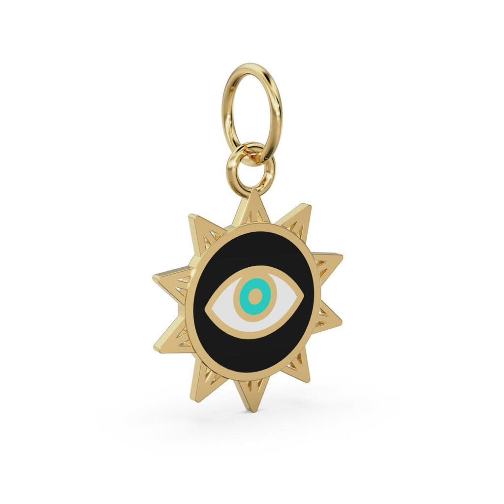 Sun Evil Eye Enamel Solid Gold Charm / Solid Gold 14k Pendant / Protection Handmade Pendant / Enamel Finding / Eye Jewelry